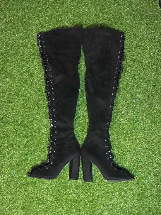 Unbranded Shoes - Fashion Nova Black Faux Suede Lace Up Peep Toe Over The Knee Block Heel Boots Si